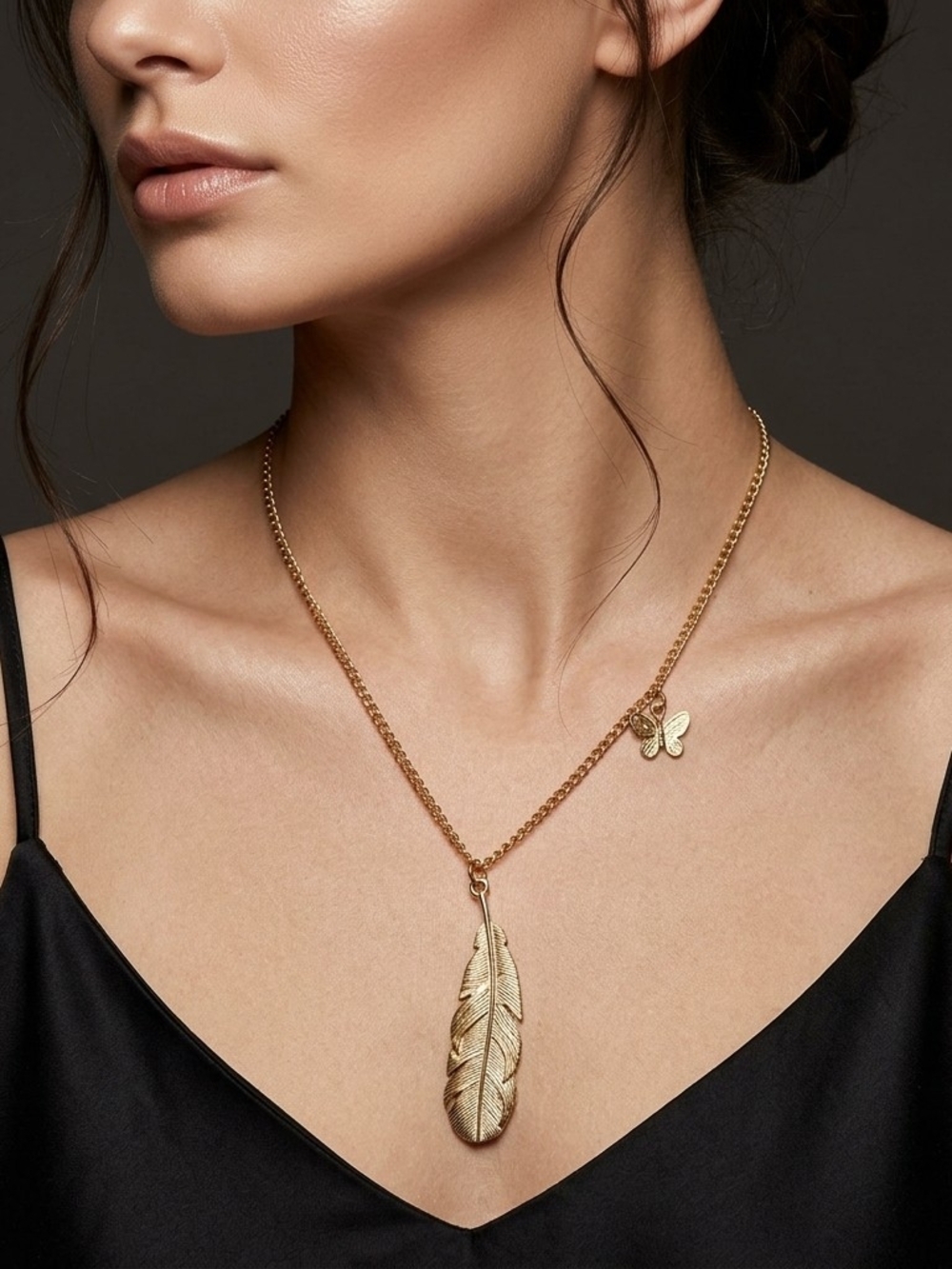 💫3x25 Vintage Gold Tone Feather Pendant Butterfly Charm Long Drop Necklace